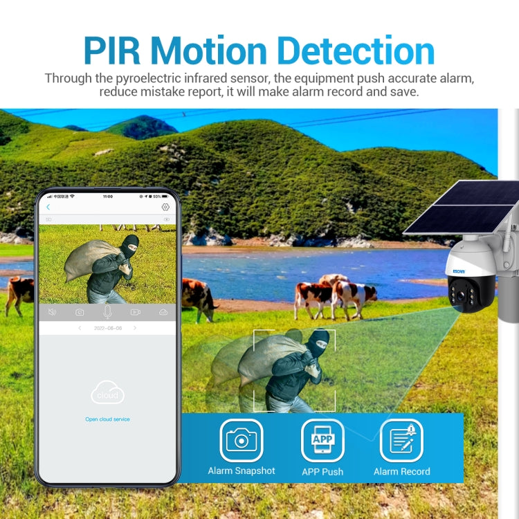 ESCAM QF724 3MP 24h Recording Cloud Storage PT 4G PIR Alarm IP Camera with Solar Panel, US Plug, EU Plug ESCAM QF724 3MP 24h Recording Cloud Storage PT 4G PIR Alarm IP Camera with Solar Panel, US Plug, EU Plug